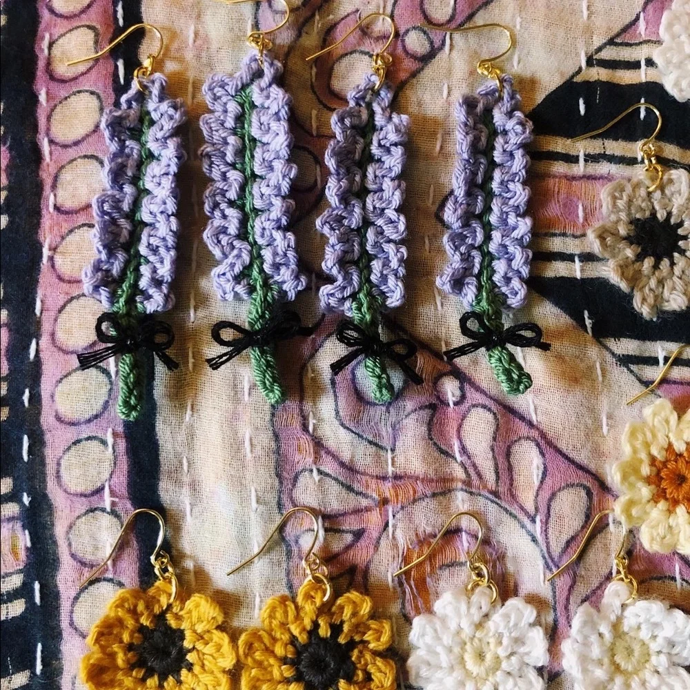 Lavender Flower Floral Earrings Crocheted with a Bow! - Picture 6 of 8